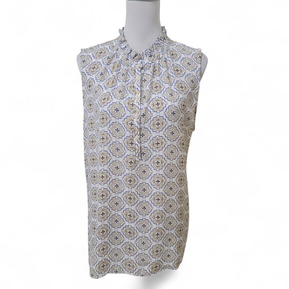 LOFT Size XL White with Blue, Tan & Yellow Medallion Pattern Sleeveless Blouse - Picture 1 of 12